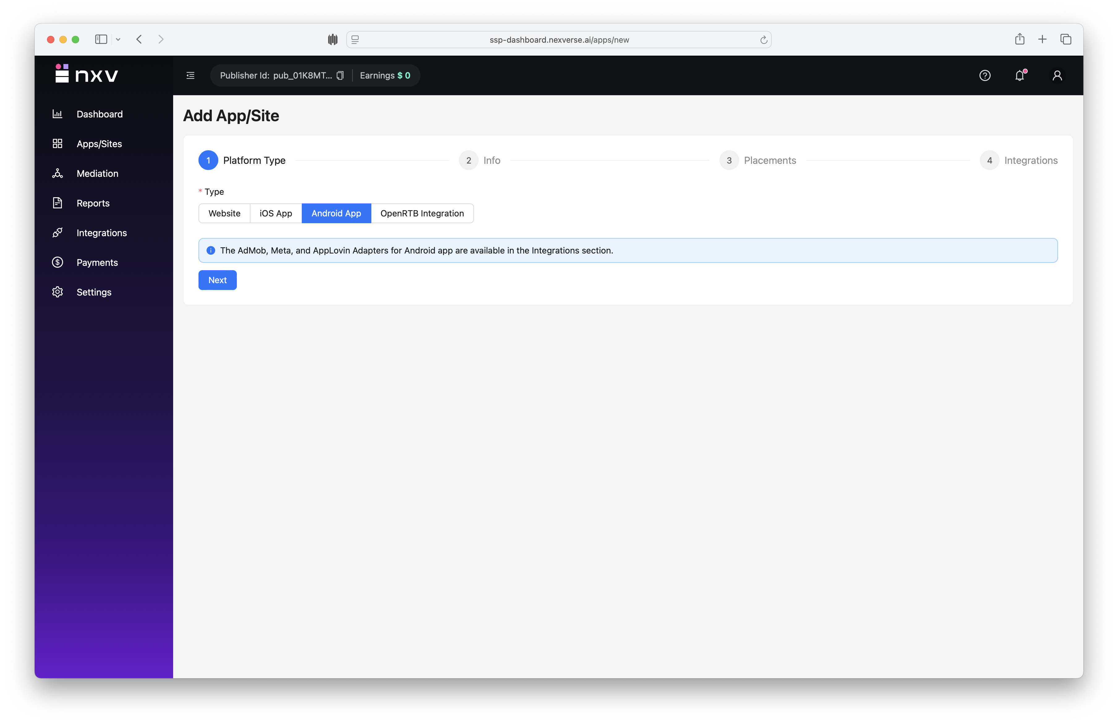 Add App wizard launch screen