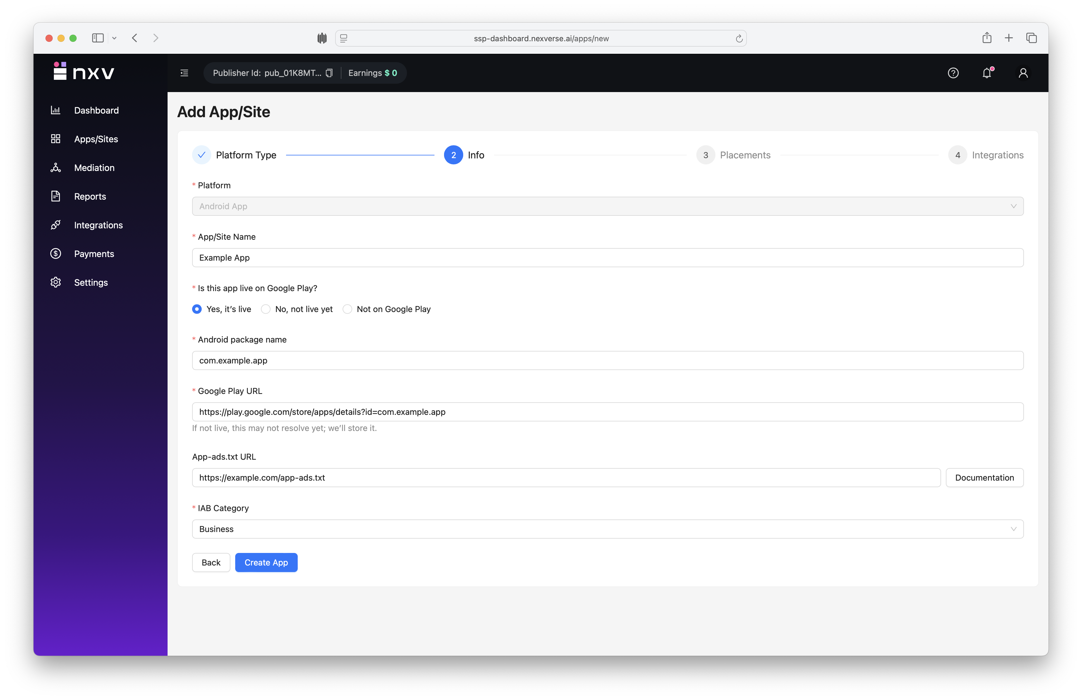 App details form with validation highlights