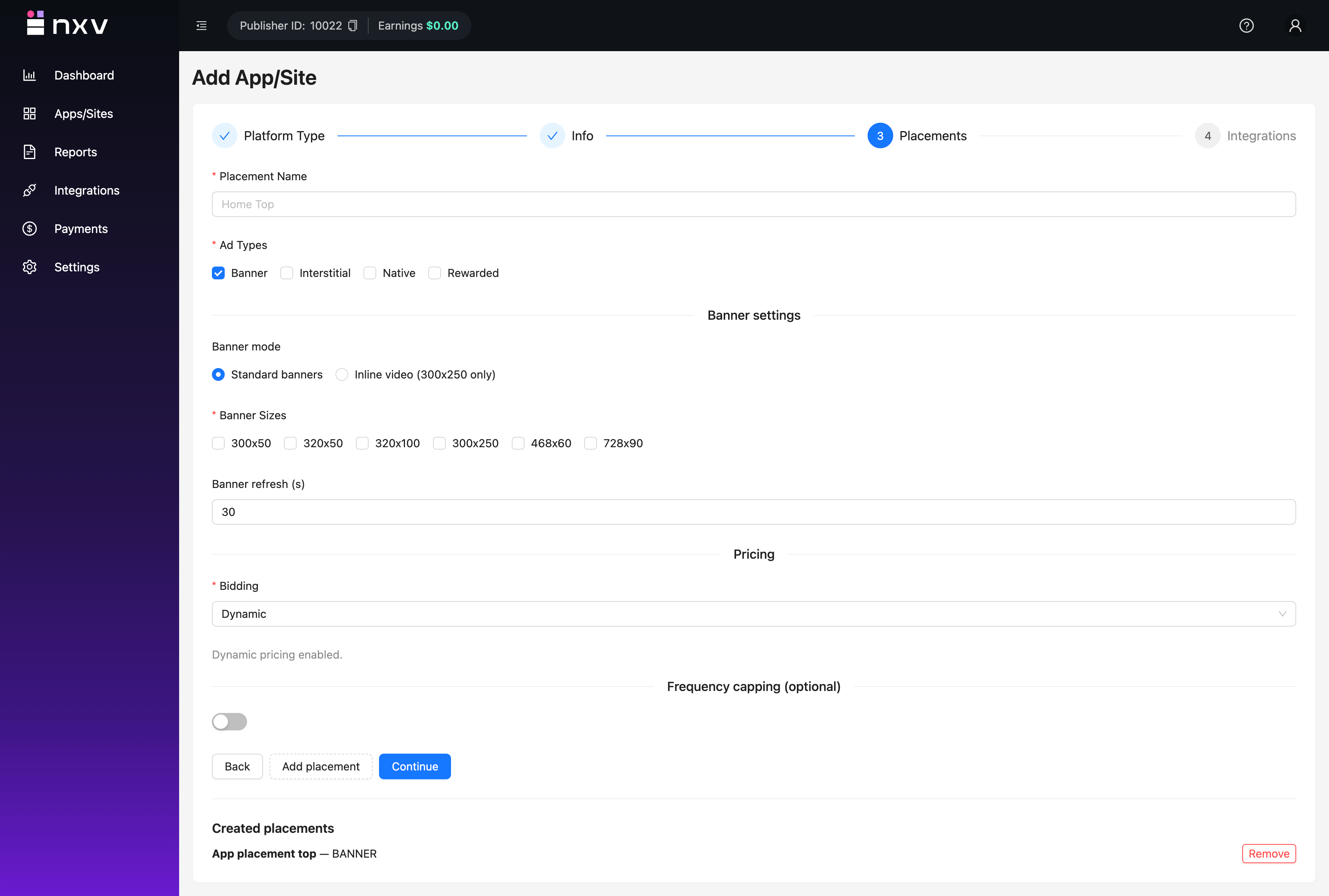 Placement configuration table with multiple ad formats