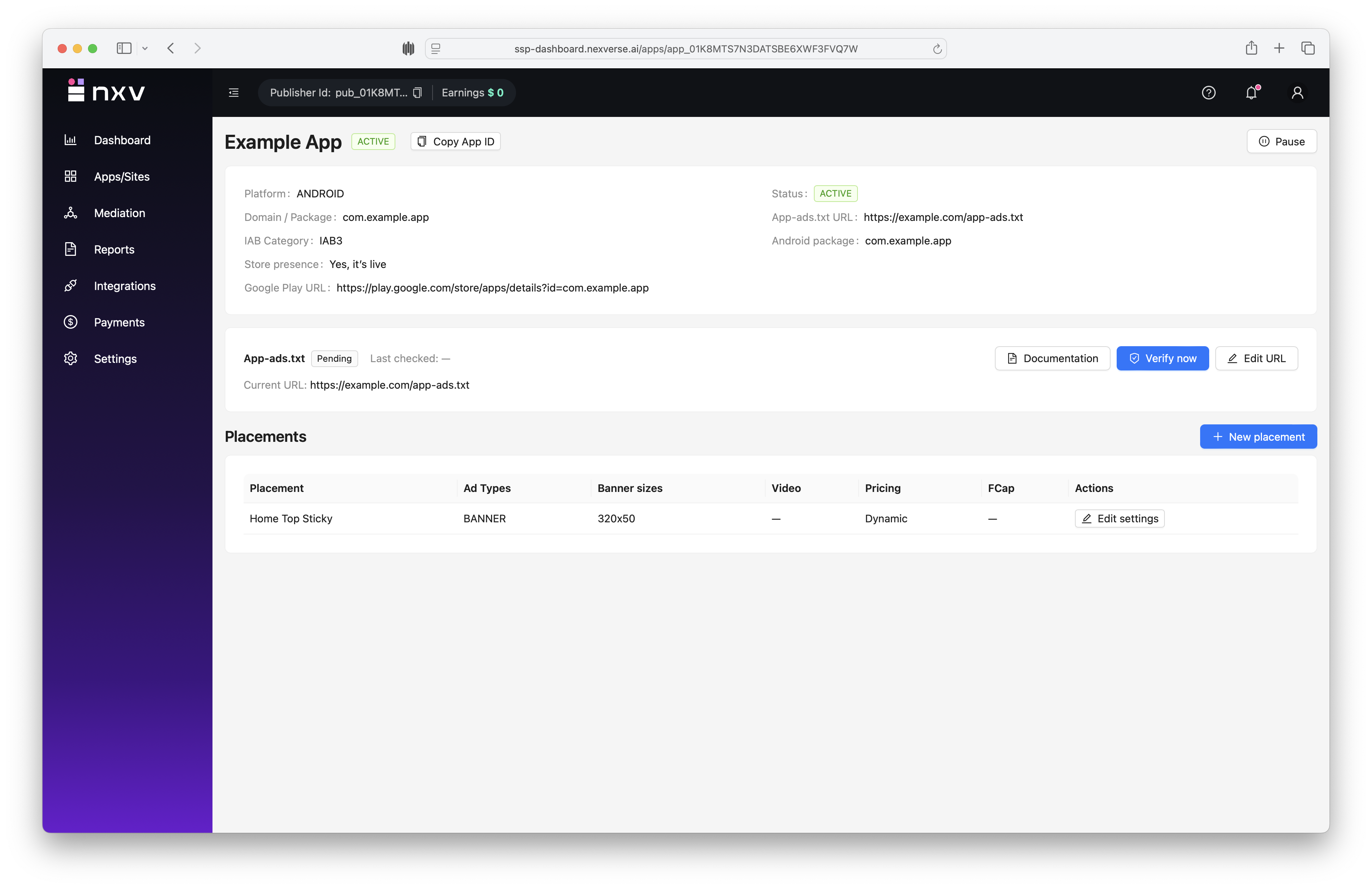 App marked Active in the dashboard with available actions